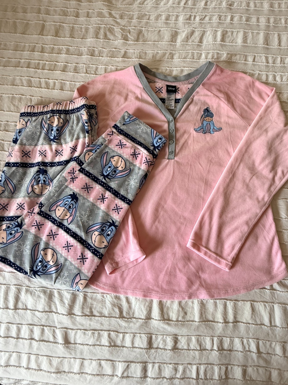 Disney Eeyore Pajama Set Womens L 12-14 Pink Fleece PJ Pants Sleepwear